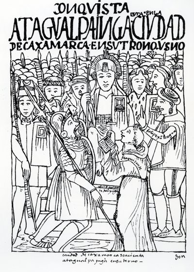 Diego de Almagro, Francisco Pizarro und Pater Vicente de Valverde knien vor Atahualpa Inka in Cajamarca von Felipe Huaman Poma de Ayala