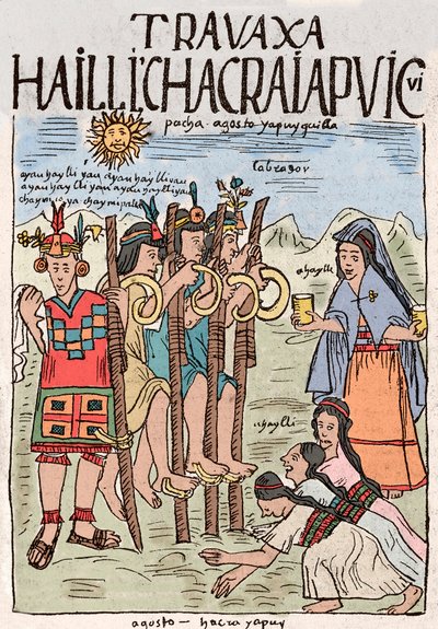 Inka-Reich: Beginn der Feldarbeit im August, Anlass eines großen Volksfestes, an dem auch die Adligen teilnahmen - Tuschzeichnung aus dem Manuskript „Nueva coronica y buen gobierno“ von Don Felipe Puma de Ayala von Felipe Huaman Poma de Ayala