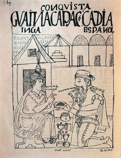 Inka aus Cuzco und englischer Konquistador, der Geschenke im Austausch für die Freiheit des Inka-Kaisers Atahualpa erhält von Felipe Huaman Poma de Ayala