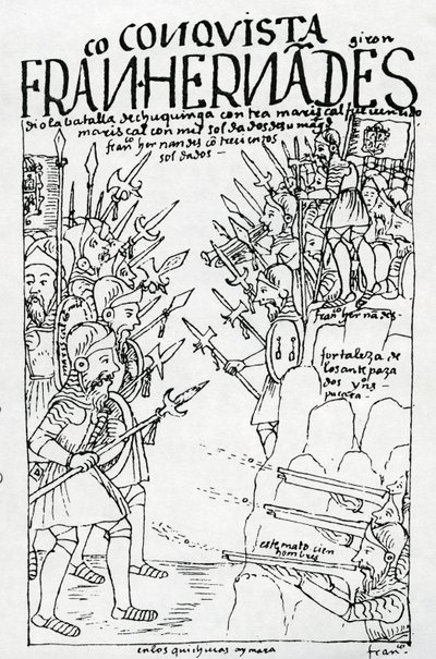 Die Rebellenkräfte von Francisco Hernandez Giron besiegen die königlichen Truppen in der Schlacht von Chuquinga von Felipe Huaman Poma de Ayala