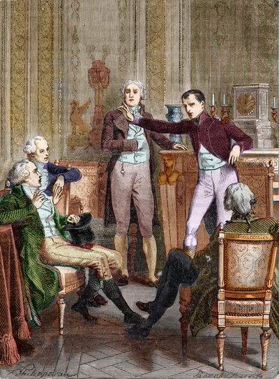 Der Erste Konsul Bonaparte spricht mit dem Mathematiker Gaspard Monge - Diskussion zwischen Bonaparte, Erster Konsul, und Gaspard Monge (1746-1818) Gravur von Félix Philippoteaux (1815-1884). von Felix (after) Philippoteaux