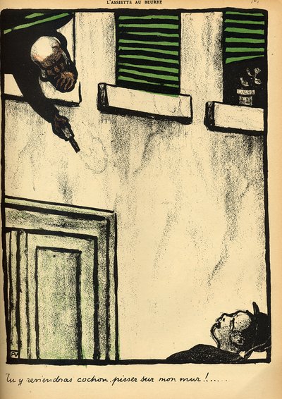Ein Bürger schießt aus seinem Fenster auf einen Passanten, aus 