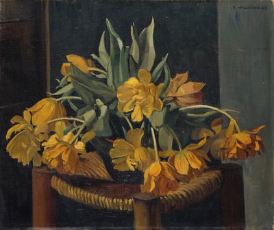Doppelte gelbe Tulpen auf einem Korbstuhl von Felix Edouard Vallotton