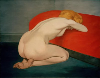 Nackte Frau, vor einem roten Sofa kniend von Felix Edouard Vallotton