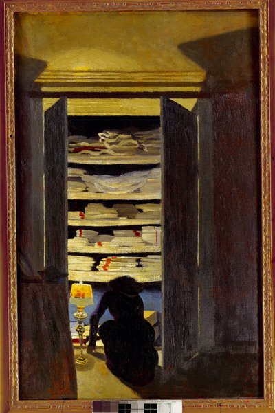 Frau sucht in einem Schrank von Felix Edouard Vallotton