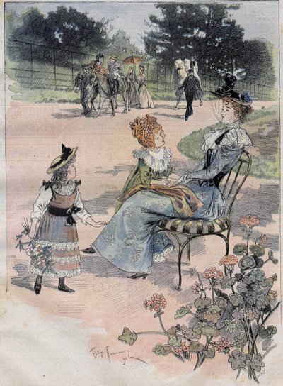 Der Spaziergang der Kinder zum Akklimatisierungsgarten in Paris im Jahr 1892. Gravur der Founery Aquarelle von Felix Fournery