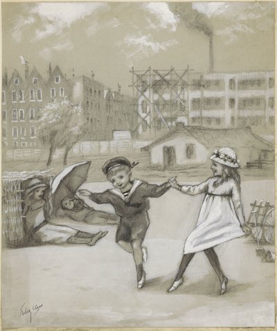 Tanzender Junge und Mädchen in einem Stadtpark oder Spielplatz von Felix Hess (signed by artist)
