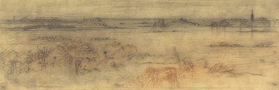 Meereslandschaft mit befestigter Stadt rechts, Inseln links und Hütte im Vordergrund von Felix Hilaire Buhot