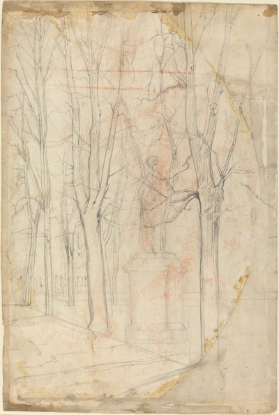 Skizze von Bäumen mit einer Statue auf einem Sockel von Felix Hilaire Buhot