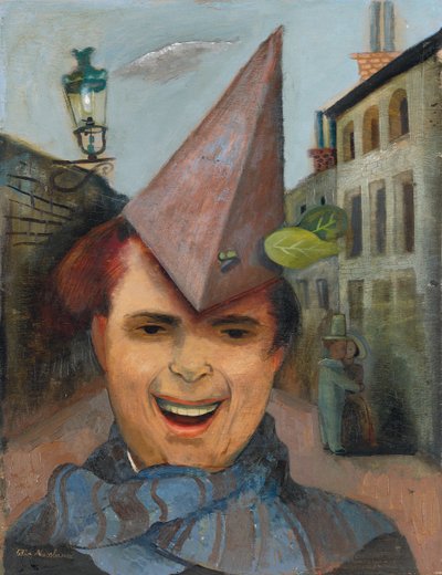 Selbstporträt mit Papierhut und blauem Schal, ca. 1936 von Felix Nussbaum