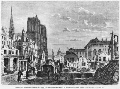 Paris, Abriss eines Teils der Cite zur Erweiterung der Gebäude des neuen Hotel-Dieu, gestochen von Charles Barbant (gest. 1922) von Felix Thorigny