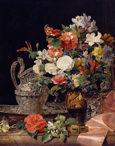 Blumenstrauß mit Silbergefäßen und antiker Vase von Ferdinand Georg Waldmüller