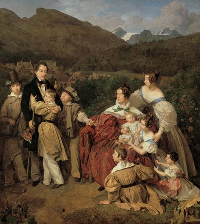 Der Notar Dr. Josef August Eltz mit seiner Gattin Caroline, geb. Schaumburg, und den acht Kindern in Ischl von Ferdinand Georg Waldmuller