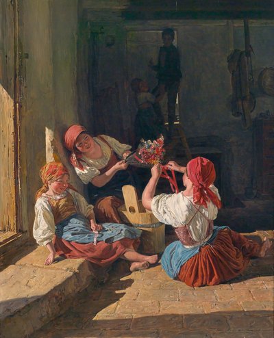 Kinder schmücken den Hut eines Wehrpflichtigen von Ferdinand Georg Waldmuller