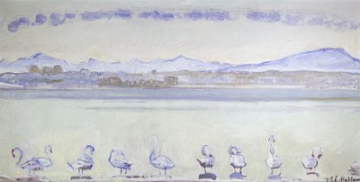 Neun Schwäne vor einer bergigen Landschaft, 1915 von Ferdinand Hodler