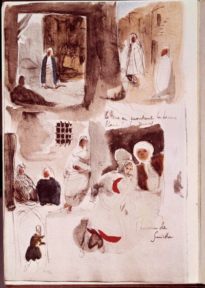Album aus Nordafrika und Spanien: Straßen, Mauern und Geschäfte mit stehenden oder sitzenden Figuren von Ferdinand Victor Eugene Delacroix