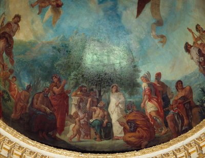 Abstieg in die Unterwelt: die Gruppe der Berühmten: von links nach rechts, Demosthenes (sitzend), Xenophon, Platon und Sokrates, Aspasia (weiß), Apelles, Alexander der Große, Aristoteles und Achilles sitzend, Gemälde von Eugene Delacroix von Ferdinand Victor Eugene Delacroix