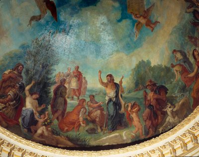 Abstieg in den Limbus: die Gruppe der Römer. Von links nach rechts, Pyrrhus, Hannibal, Trajan, Cicero, Porcia, Julius Caesar (im Hintergrund), Marc Aurel, Cato von Utica (stehend in der Mitte), Cincinnatus. von Ferdinand Victor Eugene Delacroix