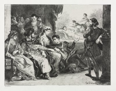 Hamlet: Hamlet befiehlt den Schauspielern, eine Szene aus der Vergiftung seines Vaters zu spielen, 1834 von Ferdinand Victor Eugene Delacroix