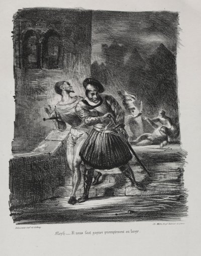 Illustrationen für Faust: Méphistophélés und Faust fliehen nach dem Duell, 1828 von Ferdinand Victor Eugene Delacroix