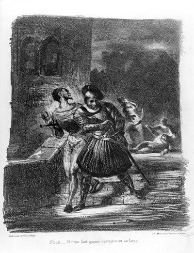 Mephistopheles und Faust fliehen nach Valentins Tod, aus Goethes Faust, 1828 von Ferdinand Victor Eugene Delacroix