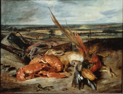 Stillleben mit Hummer und Jagd- und Fischereitrophäen von Ferdinand Victor Eugene Delacroix