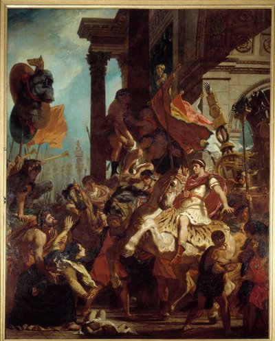 Die Gerechtigkeit des Trajan. Eine Witwe, deren Sohn getötet wurde, sucht Gerechtigkeit bei Kaiser Trajan (Marcus Ulpius Trajanus, 53-117), der in den Krieg zieht. Illustration des Fegefeuers in „La Divina Commedia“ (Göttliche Komödie) von Dante Alighieri. von Ferdinand Victor Eugene Delacroix
