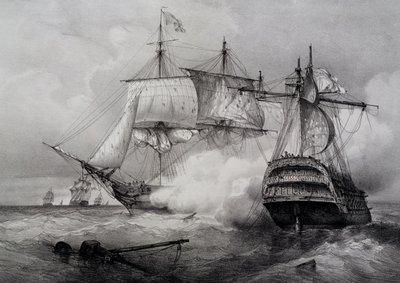 Schlacht zwischen amerikanischem 74-Kanonen-Schiff und britischer Fregatte, Lithographie von Ferdinand Perrot von Ferdinand Victor Perrot
