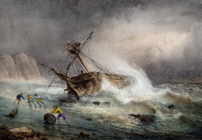 Brigantine gestrandet, Farblithographie von Ferdinand Perrot von Ferdinand Victor Perrot