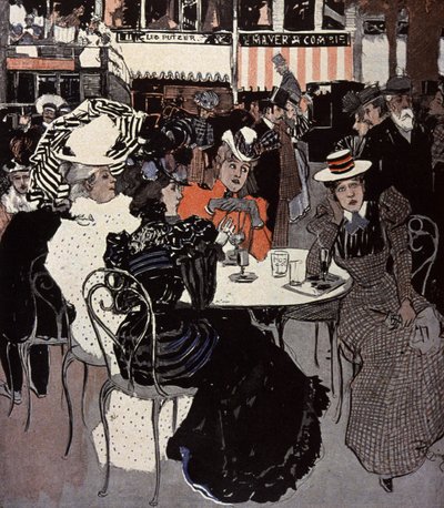 Frau spricht an einem Tisch vor einem Café. Illustration von Von Reznicek in: Simplicissimus, Deutschland von Ferdinand von Reznicek
