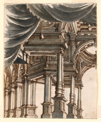 Bühnenbild: Palastatrium, gestützt von Säulen und Pfeilern von Ferdinando Galli Bibiena