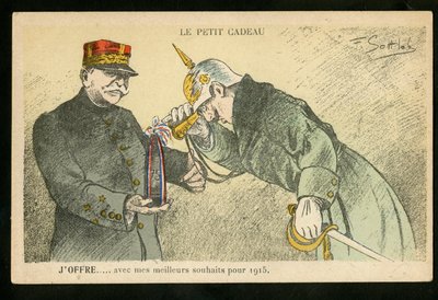 Postkarte, Satirisch in Farben, ca. 1914_12: Ein kleines Geschenk, das ich mit meinen besten Wünschen für 1915 anbiete - Krieg von 14-18, Kanonen, Granaten - Wilhelm II., Joffre Illustration von Gottlob (1873-1935) von Fernand Louis Gottlob