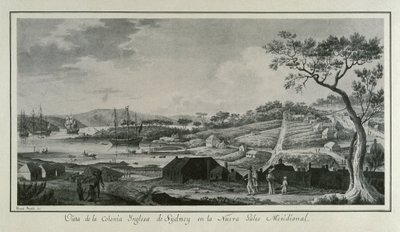 MALASPINA, Alejandro (1754-1809). Italienisch-spanischer Navigator und Entdecker.; BRAMBILA, Fernando (1763-1834). Maler. Australien (18. Jh.). Englische Kolonie New South Wales. Zeichnung von Fernando Brambila, die die wissenschaftliche Expedition von Ale von Fernando Brambila