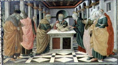 Die Darstellung im Tempel, Predella-Tafel zum Geburt Christi Altarbild im Museo Civico von Filippino (and workshop) Lippi