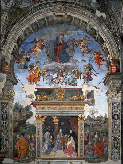 Himmelfahrt der Jungfrau und darunter St. Thomas von Aquin, der Maria Kardinal Oliviero Carafa vorstellt von Filippino Lippi