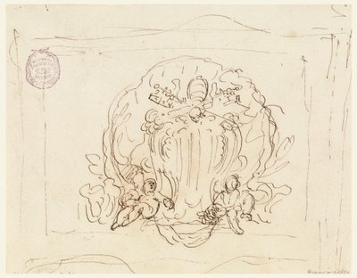 Zeichnung, Tafel mit dem Wappen von Papst Benedikt XIV mit Muschel als Hintergrund, 1740–58 von Filippo Marchionni