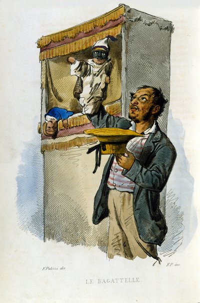 Kleines Gewerbe der Stadt Neapel: der Puppenspieler. Gravur nach einem Gemälde von F. Palizza. Aus einem Werk von Francesco de Bourcard „Costumi del regno di Napoli“ von Filippo Palizzi