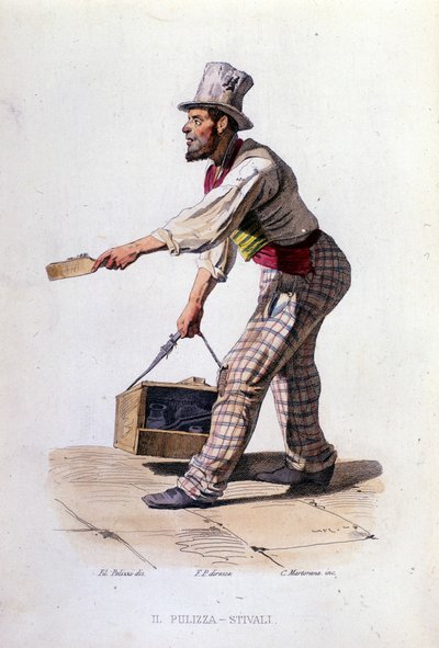 Kleingewerbe der Stadt Neapel: der Schuhputzer. Gravur nach einem Gemälde von F. Palizza. Aus einem Werk von Francesco de Bourcard „Costumi del regno di Napoli“ von Filippo Palizzi
