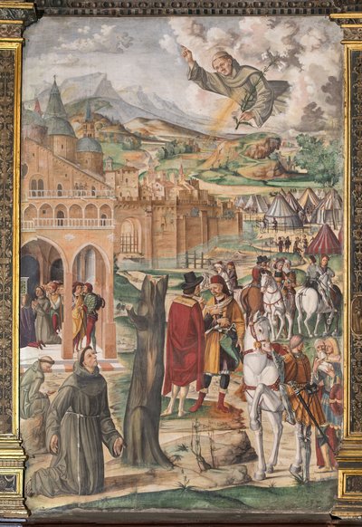 Der Heilige erscheint dem seligen Luca Belludi und sagt die Befreiung von Padua voraus, Schule des Heiligen von Filippo da Verona