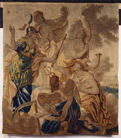 Ein Brüsseler Wandteppich, gewebt aus Wolle und Seide, darstellend verschiedene Gottheiten, darunter Minerva, Apollo, Diana, Merkur und Cornus inmitten von Wolken von Flemish School