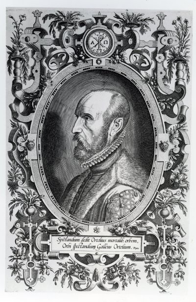 Abraham Ortelius, Frontispiz zu seinem Theatrum Orbis Terrarum, 1579 von Flemish School