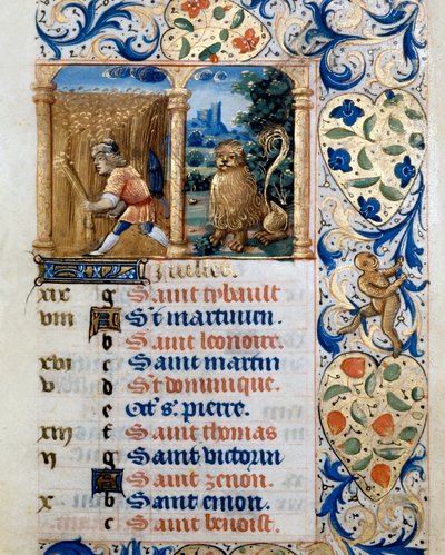 Kalender, der Monat Juli, ein Bauer in einem Weizenfeld und das Zeichen des Löwen. Seite aus einem Stundenbuch ms. 47, illuminiert von der flämischen Schule. 16. Jahrhundert Badia de 