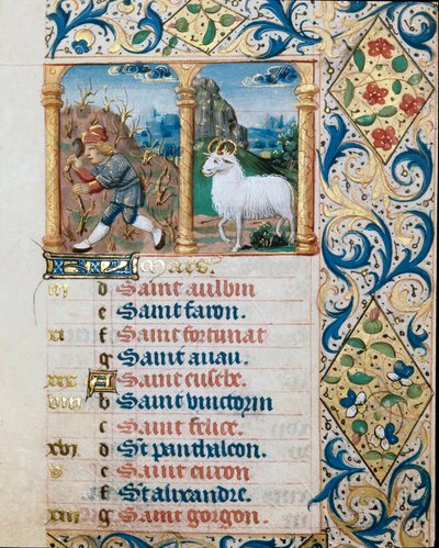Kalender, Monat März, ein Bauer sät und der Widder (Seite aus einem Stundenbuch) von Flemish School