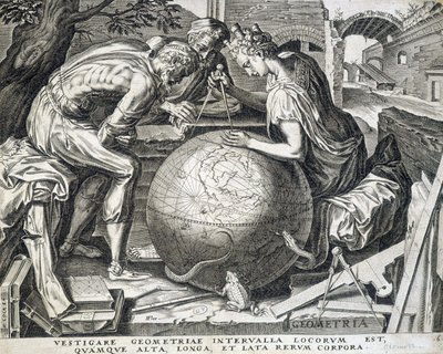 Charaktere, die sich über den Globus beugen mit Kompass (Allegorie der Geometrie) - Gravur, Flandern von Flemish School