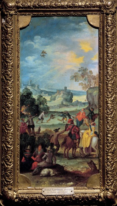 Falkenjagd Szene Jagd und Rast auf dem Land. Gemälde der flämischen Schule. Anfang des 17. Jahrhunderts. Dijon, Museum der Schönen Künste von Flemish School