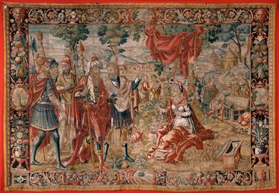 Flämische Tapisserie. Serie Esau und Jakob. Laban sucht nach den gestohlenen Idolen. Zweiter Wandteppich in der Serie. Herstellung Niederlande. Zweite Hälfte des 16. Jahrhunderts. Stoff Wolle. Standort Kirche von Saint Nicholas of Bari. von Flemish School