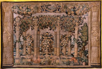 Flämischer Wandteppich. Serie Galerien mit Tieren oder Galerien von Spalieren. Zweiter der Serie. Seide und Wolle. 17. Jahrhundert. von Flemish School
