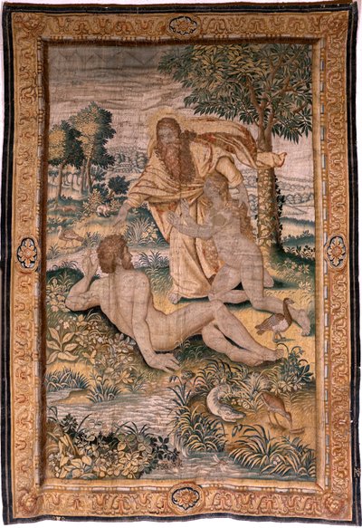 Flämischer Wandteppich. Serie Genesis oder Die Schöpfung des Menschen. Gott erschafft die Frau und stellt sie Adam vor. Modell basierend auf Michiel Coxcie. Herstellung Jan Aerst in Brüssel. Ca. 1630. Stoff Seide und Wolle. von Flemish School