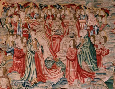 Flemischer Wandteppich. Serie Menschliche Erlösung oder Laster und Tugenden. Christus steigt in den Himmel auf und der Mensch wird vor Gott erlöst. Neunter Wandteppich in der Serie (vierter der in Palencia aufbewahrten). Herstellung Brüssel. von Flemish School