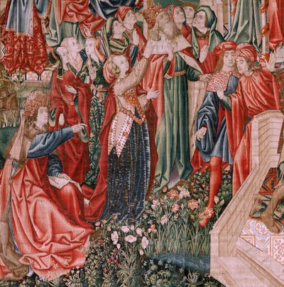Flämischer Wandteppich. Serie Menschliche Erlösung oder Laster und Tugenden. Christus der Retter als Kind. Fünfter Wandteppich der Serie (zweiter der in Palencia aufbewahrten). Brüsseler Herstellung, Werkstatt. Ca. 1510. Größe 425 x 800 cm. Stoff von Flemish School
